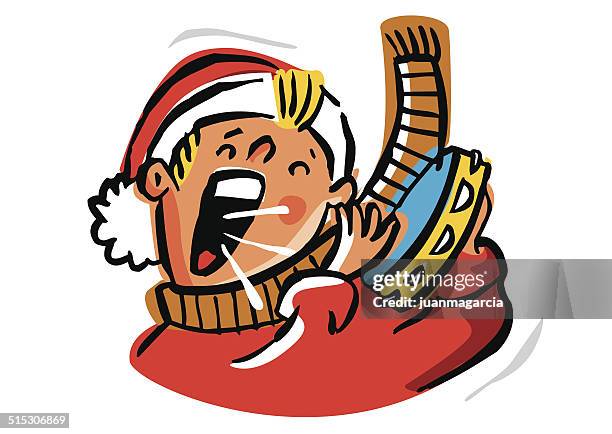 boy with santa claus hat singing carols - christmas music stock illustrations