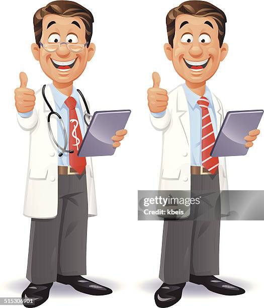 arzt oder wissenschaftler mit tablet-computer - guy in front of computer cartoon stock-grafiken, -clipart, -cartoons und -symbole