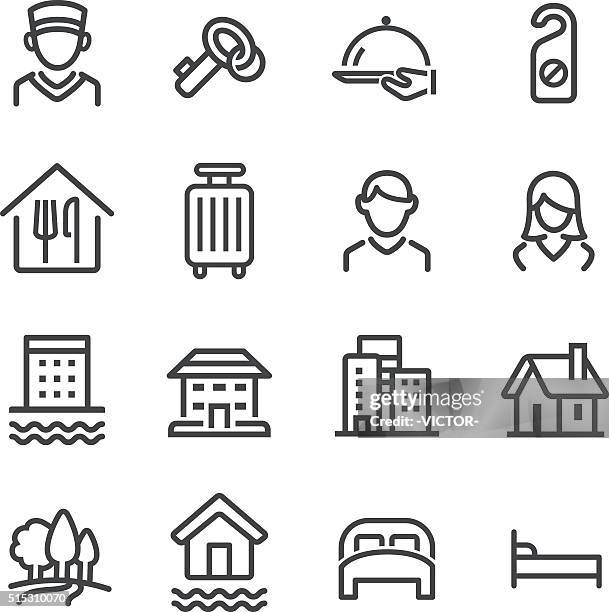 hotel symbole set-line serie - shack stock-grafiken, -clipart, -cartoons und -symbole