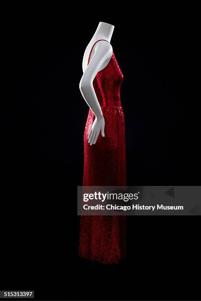 Evening gown, designed by Norman Norell, of red silk jersey covered in sequins, 1962. Shown as part of the Chicago History Muesum's November 2014...