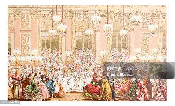 antique illustration of masked ball - period costume stock illustrations