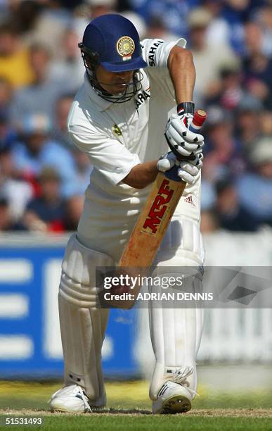 India's Sachin Tendulkar plays a stroke during the third day of the 4th npower Test Match against England at The Oval in London 07 September 2002....