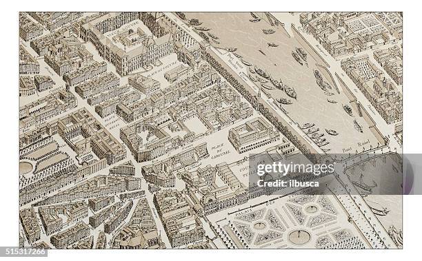 illustrations, cliparts, dessins animés et icônes de ancienne illustration de paris 1730 - map paris