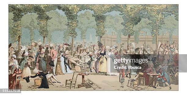 antique illustration of royal palace garden party - formal garden stock illustrations