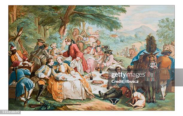 stockillustraties, clipart, cartoons en iconen met antique illustration of outdoor party lunch during hunting - classical style