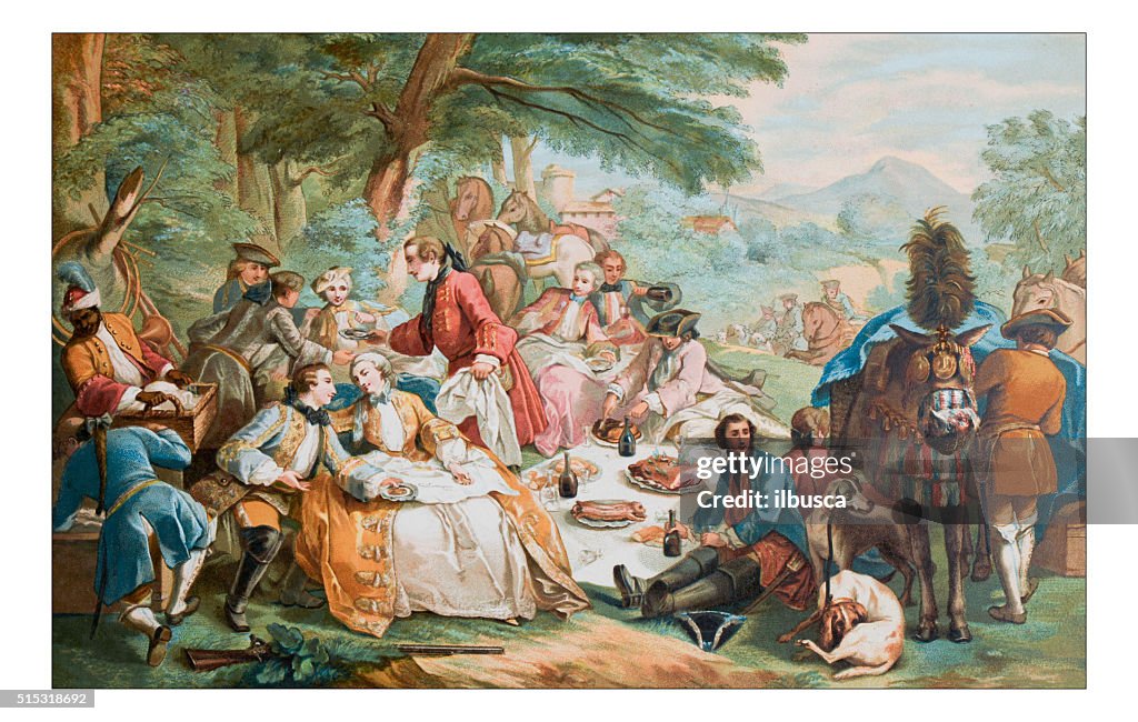 Antique illustration of outdoor party lunch during hunting
