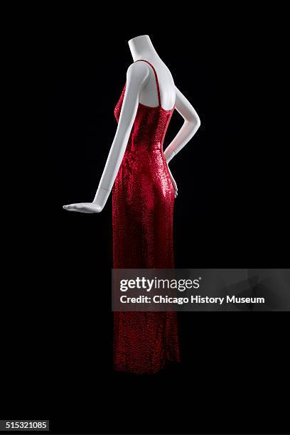 Evening gown, designed by Norman Norell, of red silk jersey covered in sequins, 1962. Shown as part of the Chicago History Muesum's November 2014...