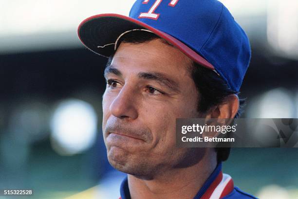 Close-up of Texas Rangers' manager Bobby Valentine, tightening his lips.