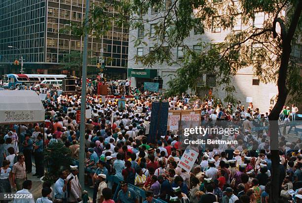 New York: Several thousand people jam the streets near the United Nations for the "Freedom for South Africa," exhorting the Reagan administration to...