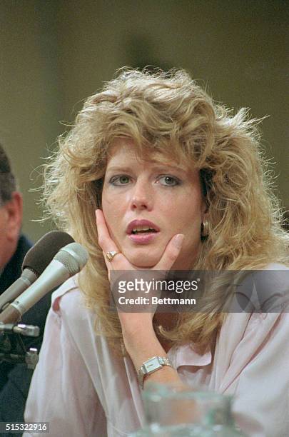 Washington: Fawn Hall, former secretary of Lt. Col. Oliver North, testifies for the second day at the Iran-Contra hearings 6/9.