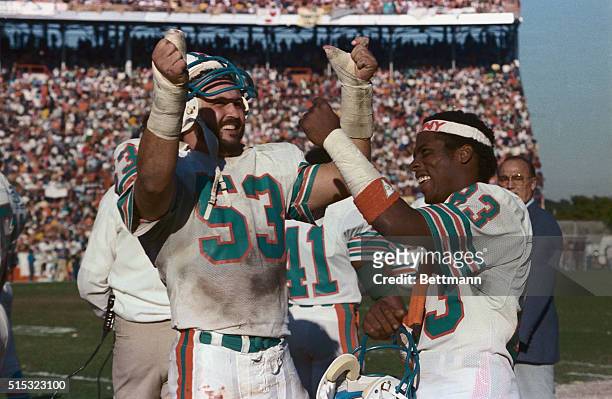 Miami Dolphins' linebacker Jay Brophy and standout wide receiver Mark Clayton are jubilant, January 6th, over their team's 45-28 win over the...