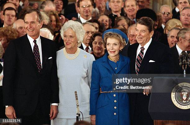 Washington, DC: Ronald and Nancy Reagan with George and Barbara Bush at the public inauguration of President Reagan and Vice Pres George Bush at the...