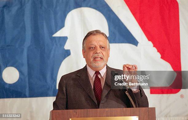 Baseball commissioner A. Bartlett Giamatti announcing life long banishment of Pete Rose from baseball.