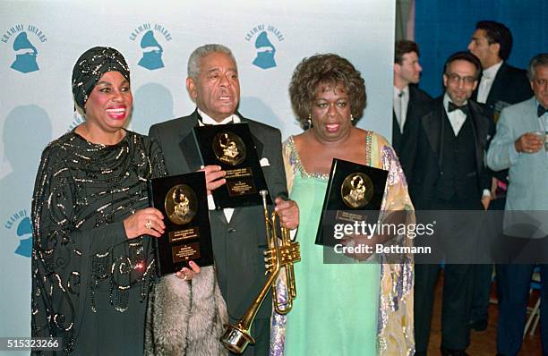 Los Angeles: Posing with their Grammy Lifetime Achievement Awards are Leontyne Price, Dizzy Gillespie and Sarah Vaughan. They were honored with the...