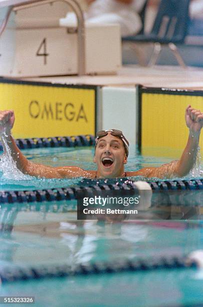 Federal Way, Washington: Summer Sanders celebrates her gold medal victory in the 200m breaststroke event at the Goodwill Games 7/24.