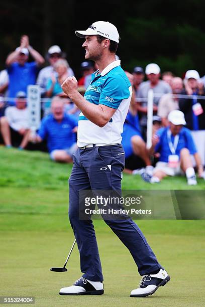 Matthew Griffin of Australia celebrates after winning the 2016 New Zealand Open at The Hills on March 13, 2016 in Queenstown, New Zealand.