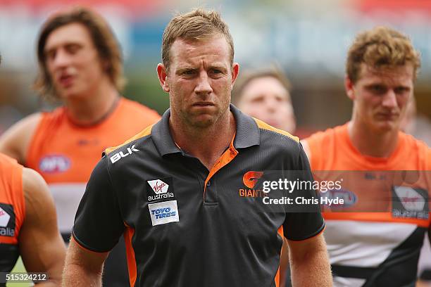 Steve Johnson of the Giants looks on during the NAB Challenge AFL match between the Brisbane Lions and the Greater Western Sydney Giants at Metricon...