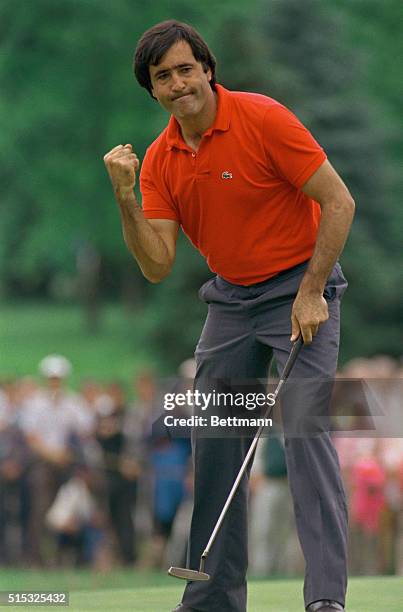 Rochester, N.Y.: Steve Ballesteros reacts to a birdie on the 6th hole to go even during first round of the U.S. Open Championship.