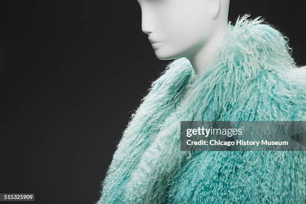 Coat made of fluffy blue sheepskin, designed by Claude Montana, circa 1980s. Shown as part of the Chicago History Muesum's November 2014 'Chicago...