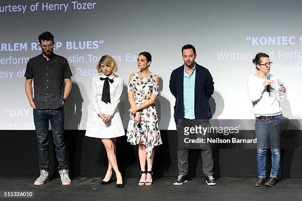 Charlie Hewson, Jenny Slate, Sophie Goodhart, SXSW Film Director Janet Pierson, Nick Kroll and Zoe Kazan speak on stage after the screening of "My...