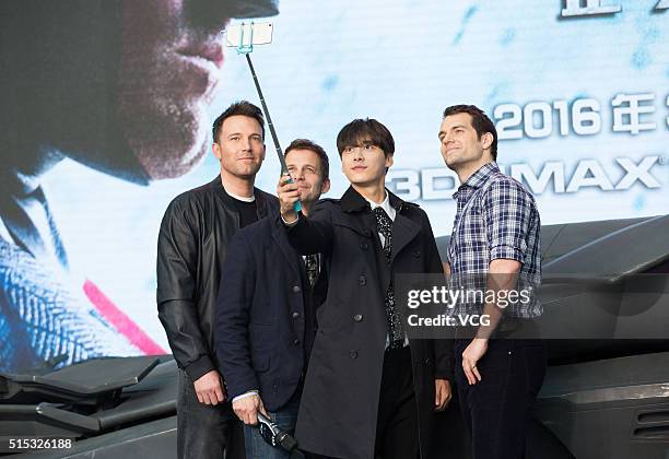 American director and actor Ben Affleck, American filmmaker Zack Snyder, Chinese actor Li Yifeng and British actor Henry Cavill attend the premiere...