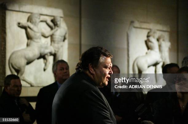 Professor Evangelos Venizelos, the Greek Minister for Culture and Sports, answers questions from the media after viewing the Elgin Marbles in the...