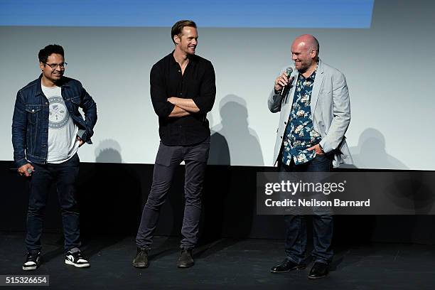 Actors Alexander Skarsgard and Michael Pena and director John Michael McDonagh speak on stage after the "War On Everyone" screening during the 2016...