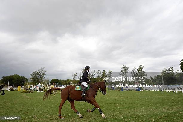 Kate French of Great Britain competes in the Riding during the Women's Modern Pentathlon Tournament - Aquece Rio Test Event for the Rio 2016 Olympics...
