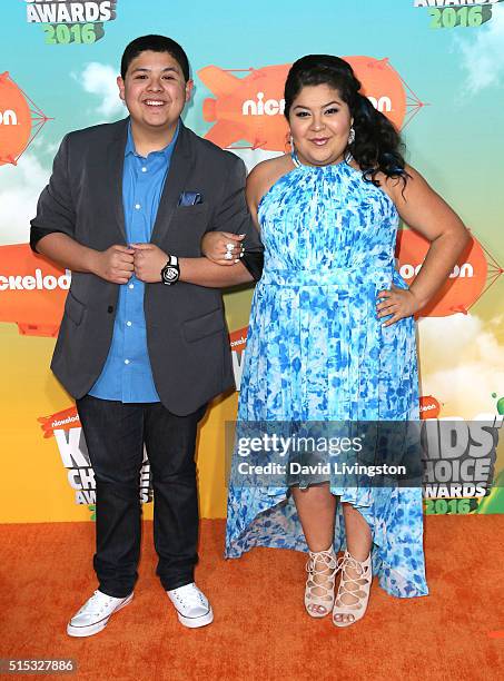 Actors Rico Rodriguez and Raini Rodrigue attend Nickelodeon's 2016 Kids' Choice Awards at The Forum on March 12, 2016 in Inglewood, California.