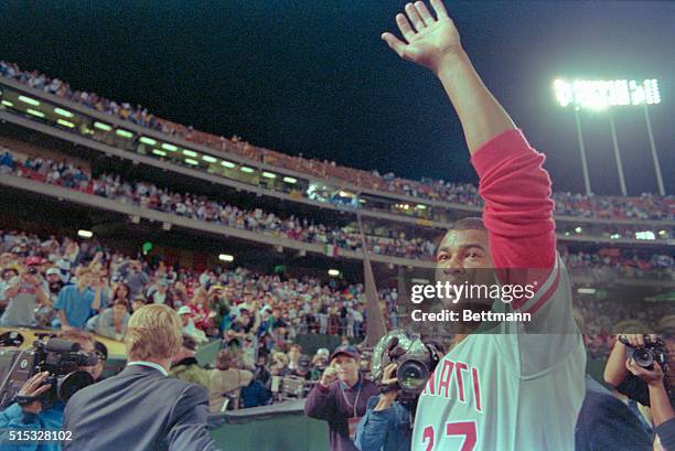 Oakland, Calif.: The MVP of the World Series Jose Rijo waves to the fans as he leaves the field here in the 8th inning of game four of against the...