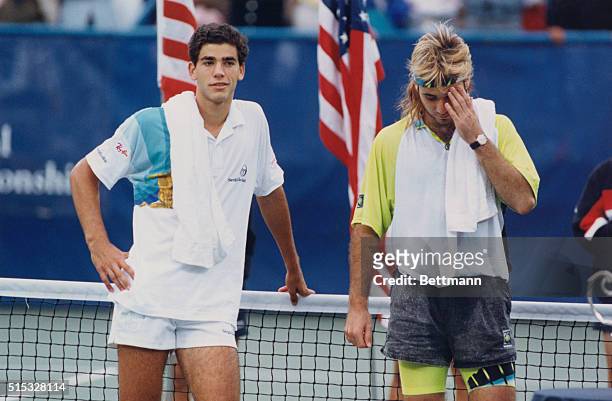 New York: Both Pete Sampras and Andre Agassi wait their turn to be introduced during the award ceremony of the U.S. Open. Sampras beat Agassi in...