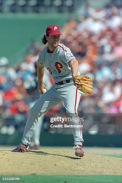 San Diego: Philadelphia Phillies' relief pitcher Roger McDowell sticks out his tongue while throwing to the plate in the 9th inning against San...