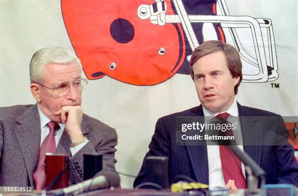 February 5, 1991-Berea, Ohio: Bill Belichick talks to reporters as he is announced as Cleveland Browns head coach.