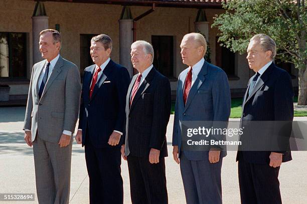 Simi Valley, California: The five living U.S. Presidents pose for a group photo at the dedication of the Ronald Reagan Presidential Library November...