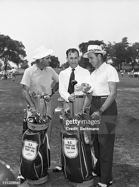 Recuperating from a serious automobile accident, Ben Hogan , non-playing captain of the Ryder Cup Pro Golf Team, "talks shop" with Lloyd Mangrum and...