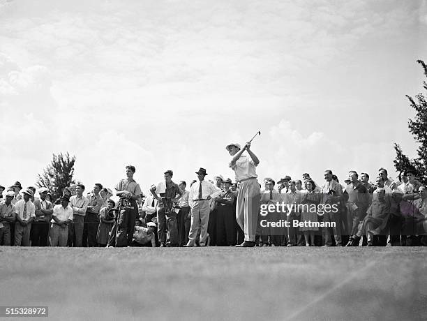 Action in PGA Final: Byron Nelson, the eventual winner, is shown driving from the fourteenth tee during final round match in PGA championship...