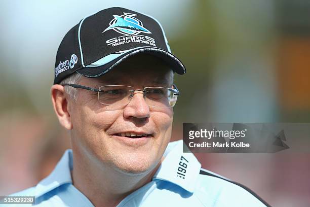 Australian politician Scott Morrison MP is interviewed before the round two NRL match between the Cronulla Sharks and the St George Illawarra Dragons...