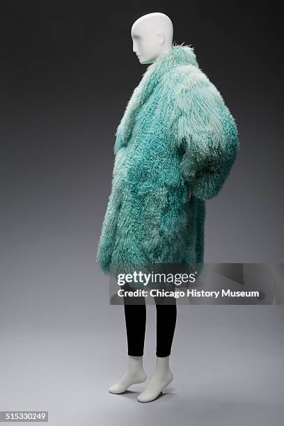 Coat made of fluffy blue sheepskin, designed by Claude Montana, circa 1980s. Shown as part of the Chicago History Muesum's November 2014 'Chicago...