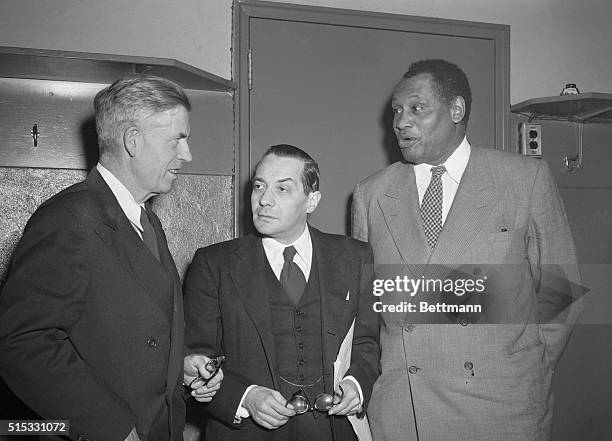Henry Wallace, , and Paul Robeson, leftist leaders in U.S. Politics, flank congressman Vito Marcantonio, , just before the American Labor Party rally...