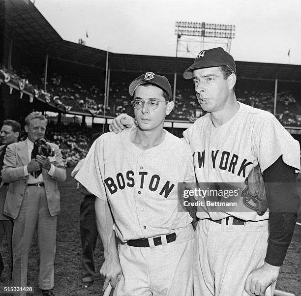 The DiMaggio brothers, Joe and Dom, have a family reunion before they defend the honor of the American League in the All Star game at Ebbets Field.