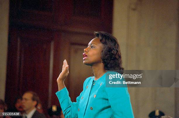 Washington: Professor Anita Hill is sworn-in before testifying at the Senate Judiciary hearing on the Clarence Thomas Supreme Court nomination. Hill...