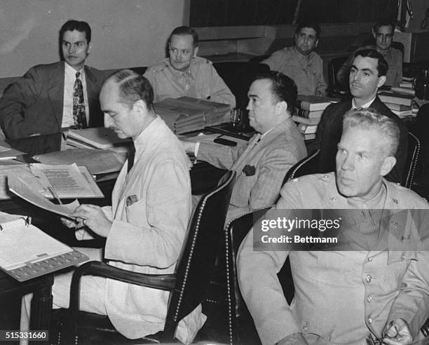 Edgar Hoover, head of the FBI is among those present at the opening of the third day's proceedings of the saboteur trail, being held before a special...