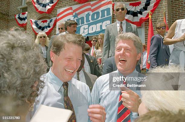 Carthage, Tn.: Democratic presidential hopeful Gov. Bill Clinton of Arkansas and his running mate, Sen. Al Gore , laugh after addressing a rally on...