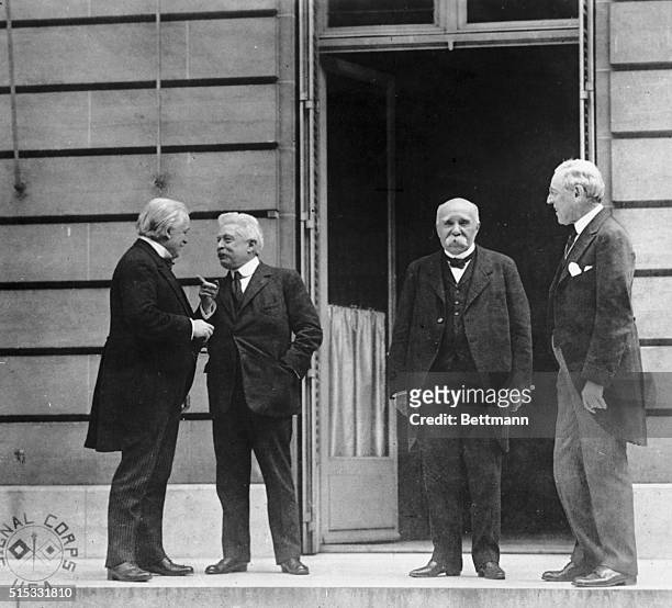 The "Big Four" at the Versailles Peace Conference, from left to right: Prime Ministers Lloyd-George, Orlando, and Clemenceau, of Great Britain,...