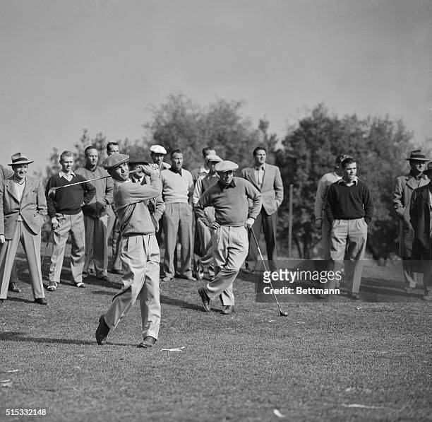 Ben Hogan follows through during his golfing comeback at the Riviera Club. Hogan, who nearly died in a highway accident a year ago, came back to the...