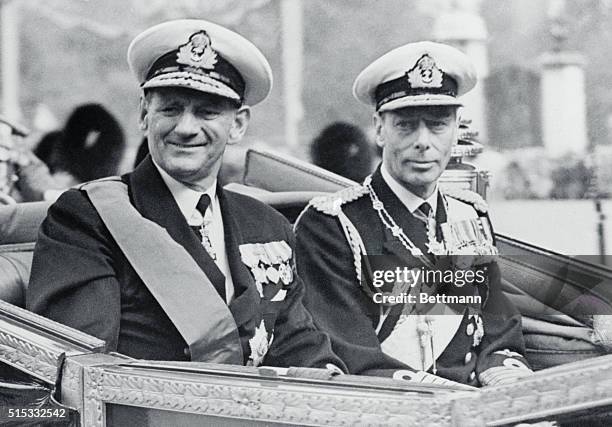 Pair of Kings. London, England: King Frederick of Denmark and King George of Great Britain sit side by side during the procession down the mall...