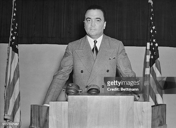 John Edgar Hoover, Director, Federal Bureau of Investigation, United States Department of Justice, is shown delivering an address before the 23rd...