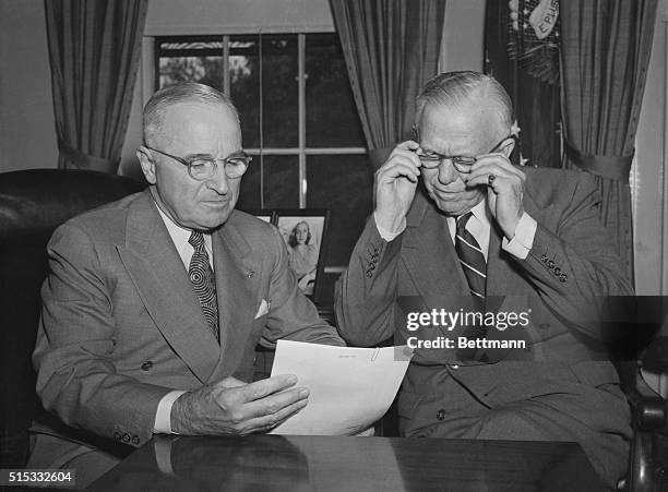 Washington, D. C.: Marshall Reports To Truman. Defense Secretary George C. Marshall reports to President Truman immediately following his return from...