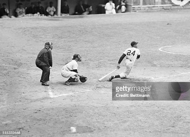Willie Mays, the 20 year old Negro centerfielder of the NY Giants, is shown in his second appearance at the plate in the World Series against the...