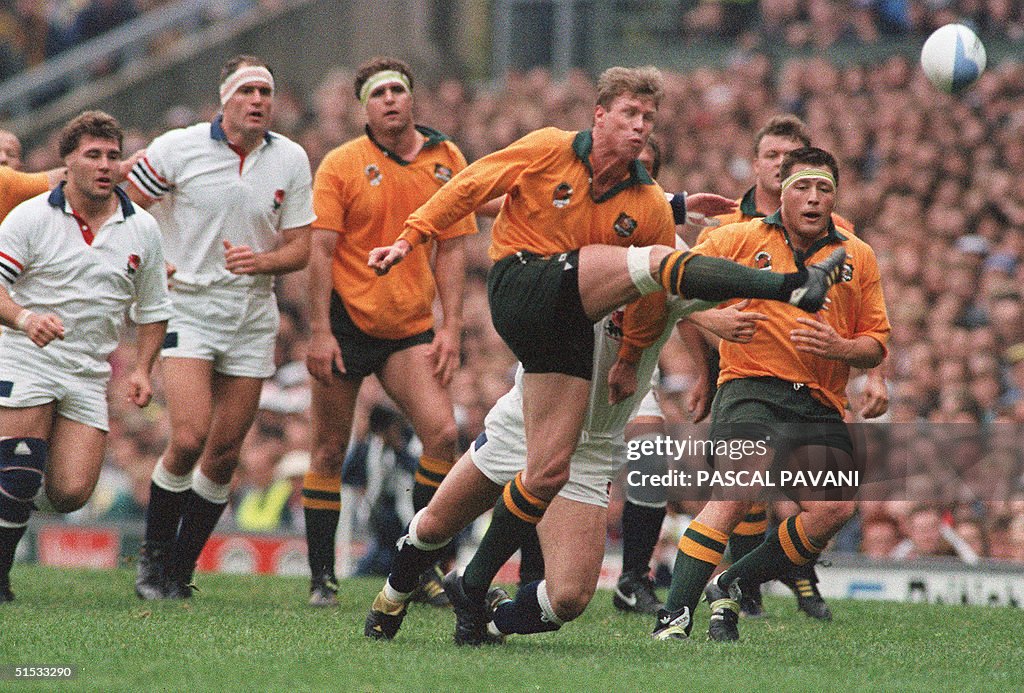 Australia's Nick Farr-Jones kicks the ball up fiel